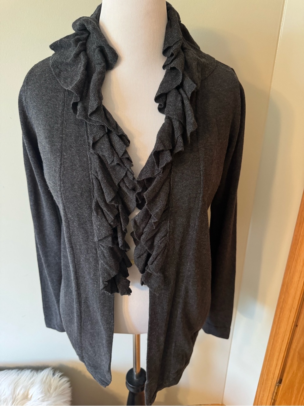 The Limited Charcoal Ruffled Open-Front Cardigan